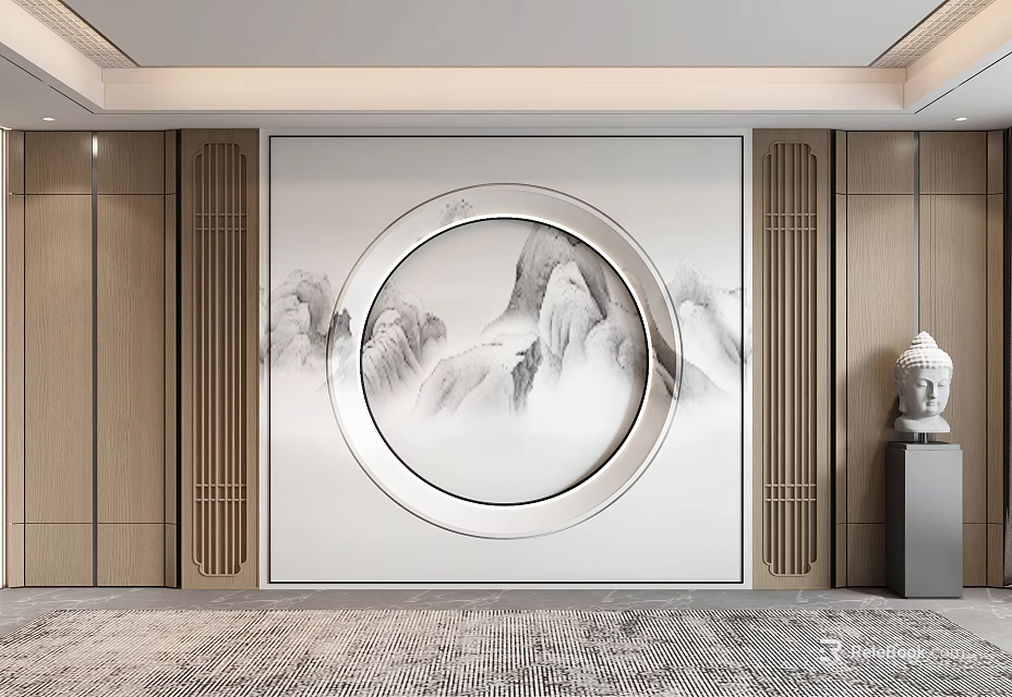 Chinese Style Background Wall With Circular Ink Mountain Landscape And Wooden Lattice Panels 3d model 
