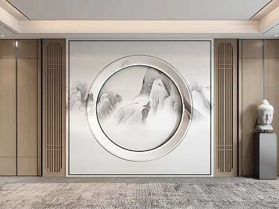 Chinese Style Background Wall With Circular Ink Mountain Landscape And Wooden Lattice Panels 3d model