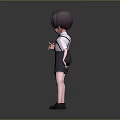 3D Character Model With Purple Short Hair White Shirt Black Suspender Shorts Standing Pose