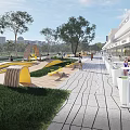 Modern Commercial Landscape With Pedestrian Plaza Trees Yellow Columns And Roadside Greenery