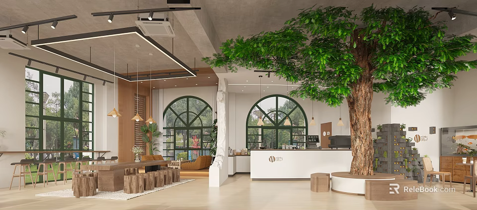 Modern Café Interior With Large Tree Arched Windows Natural Light And Wooden Seating 3d model 