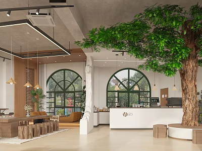 Modern Café Interior With Large Tree Arched Windows Natural Light And Wooden Seating 3d model