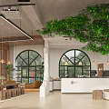 Modern Café Interior With Large Tree Arched Windows Natural Light And Wooden Seating
