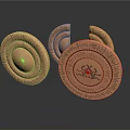 Carved Sculptures Round Wooden Decorative Pieces With Intricate Patterns And Inscriptions