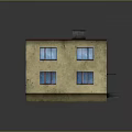 Two story old building with yellow walls blue window frames dark roof and small chimney