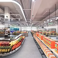 Well Lit Modern Supermarket Interior With Fresh Fruits And Organized Product Shelves