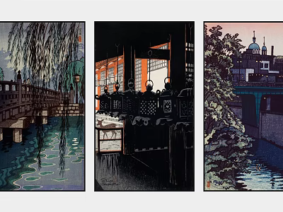 Vintage Ukiyo-e Scenic Artworks With Bridges Willow Trees And Traditional Architecture 3d model