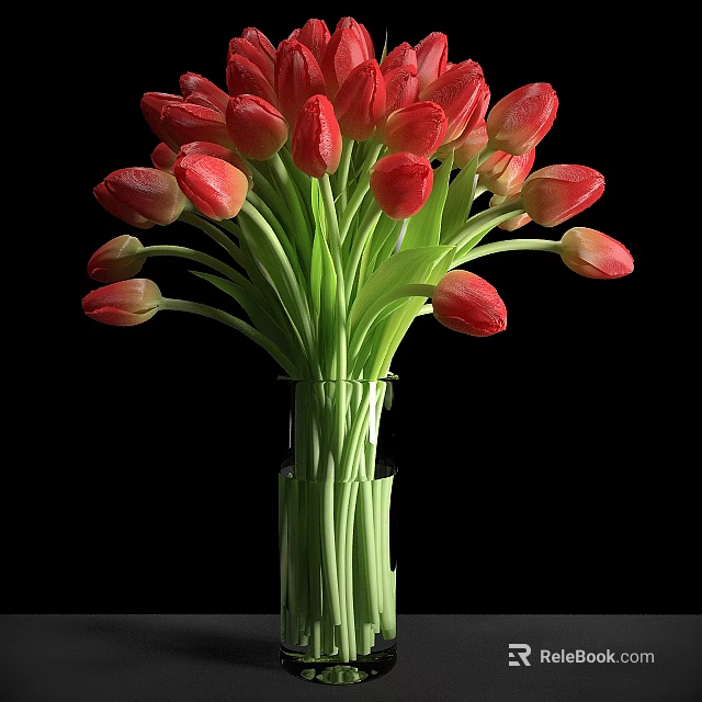 Red Tulips in Transparent Vase with Green Stems and Blooming Petals 3d model 