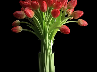 Red Tulips in Transparent Vase with Green Stems and Blooming Petals 3d model
