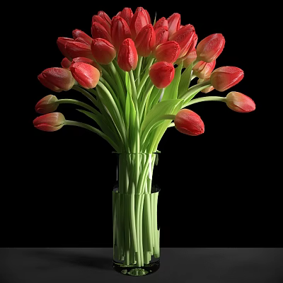 Red Tulips in Transparent Vase with Green Stems and Blooming Petals 3d model