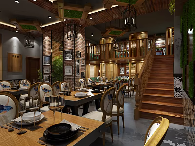 Elegant Rustic Restaurant Interior With Wooden Ceiling Chandeliers Dining Tables Staircase And Brick Walls 3d model