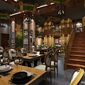 Elegant Rustic Restaurant Interior With Wooden Ceiling Chandeliers Dining Tables Staircase And Brick Walls