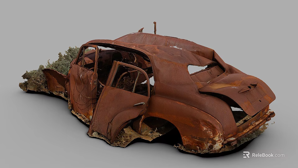 Rusted Abandoned Old Car With Open Doors And Damaged Roof Exterior 3d model 