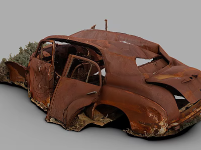 Rusted Abandoned Old Car With Open Doors And Damaged Roof Exterior 3d model