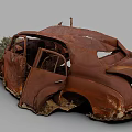 Rusted Abandoned Old Car With Open Doors And Damaged Roof Exterior