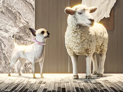 Chihuahua Dog With Pink Collar And Sheep Statue In Illuminated Indoor Space 3d model