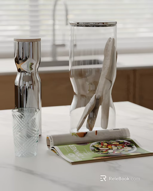 Elegant Decorative Ornament Set Featuring Metallic Vase Transparent Glass Cup And Magazine On Kitchen Countertop 3d model 