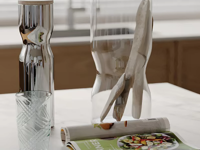 Elegant Decorative Ornament Set Featuring Metallic Vase Transparent Glass Cup And Magazine On Kitchen Countertop 3d model