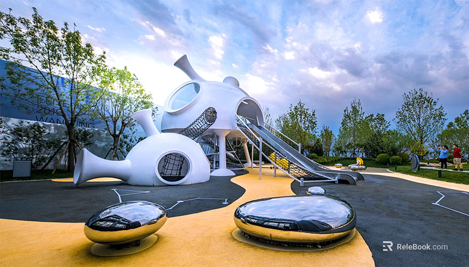 Creative Kindergarten Outdoor Playground With Slide Round Windows Trees And Yellow Play Surface 3d model 