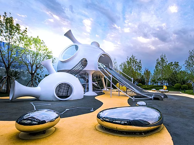 Creative Kindergarten Outdoor Playground With Slide Round Windows Trees And Yellow Play Surface 3d model