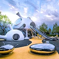 Creative Kindergarten Outdoor Playground With Slide Round Windows Trees And Yellow Play Surface