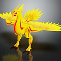 3D Yellow Phoenix Character Standing With Red Patterns And Shining Spread Wings 3d model