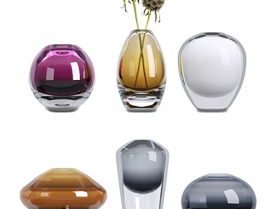 Decorative Glass Vases in Various Colors and Unique Shapes with Dried Flowers 3d model