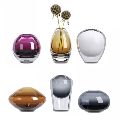 Decorative Glass Vases in Various Colors and Unique Shapes with Dried Flowers 3d model