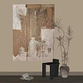 Textured Abstract Painting With Neutral Tones And Indoor Plant Near Black Side Table