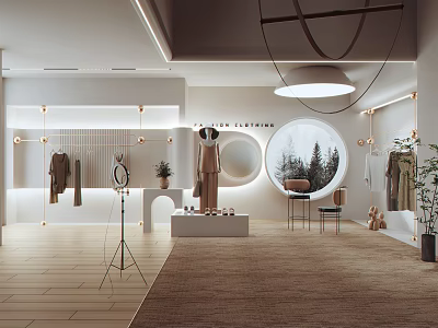 Luxe Essentials Clothing Store Modern Interior With Circular Window Hanging Clothes And Display Stand 3d model