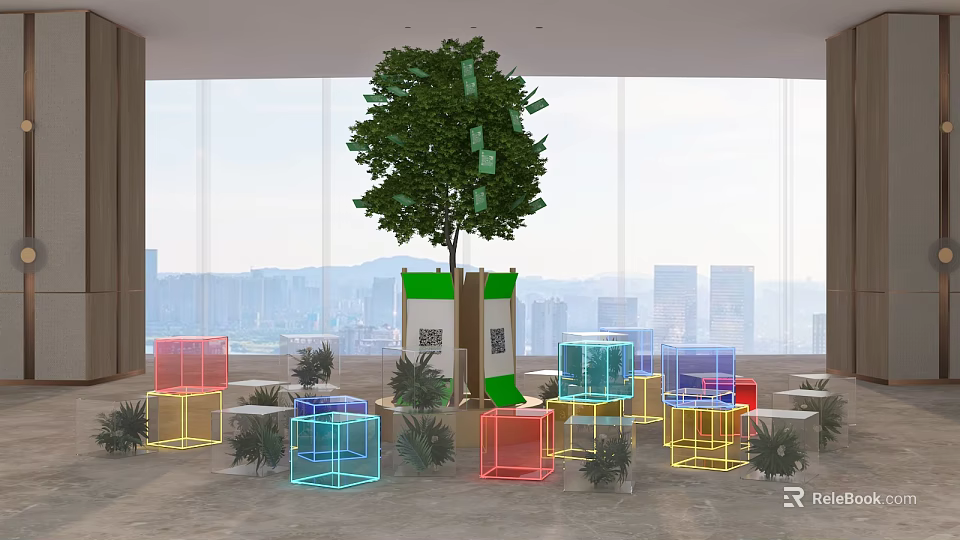 Indoor Space Featuring Large Tree Green Tags Colorful Transparent Cubes QR Codes And City View 3d model 
