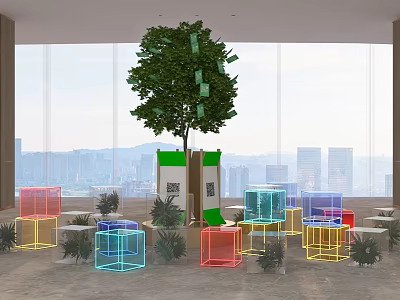 Indoor Space Featuring Large Tree Green Tags Colorful Transparent Cubes QR Codes And City View 3d model