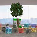Indoor Space Featuring Large Tree Green Tags Colorful Transparent Cubes QR Codes And City View