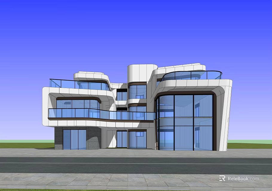Modern Detached Villa With Large Glass Windows Curved Balconies And Unique Design 3d model 