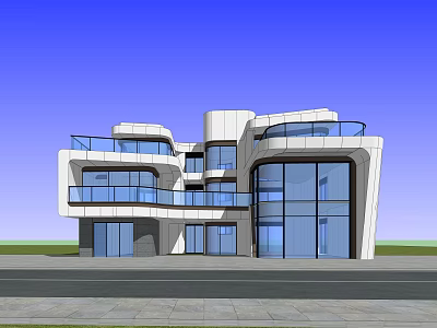 Modern Detached Villa With Large Glass Windows Curved Balconies And Unique Design 3d model