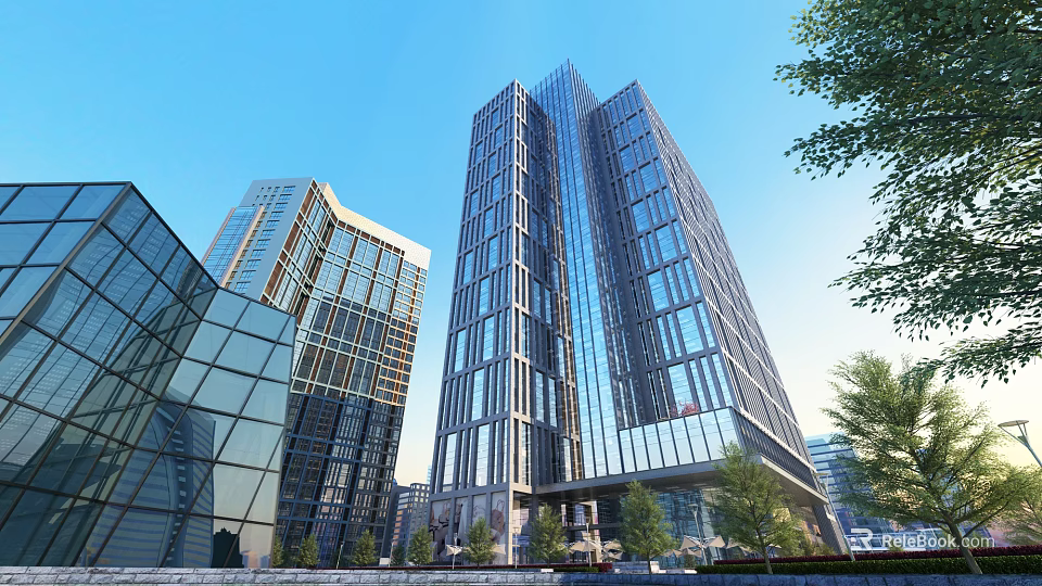 Modern High Rise Office Building With Glass Facade Surrounding Buildings And Green Trees 3d model 