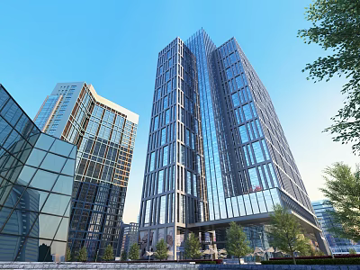 Modern High Rise Office Building With Glass Facade Surrounding Buildings And Green Trees 3d model