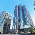 Modern High Rise Office Building With Glass Facade Surrounding Buildings And Green Trees