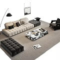 Modern Beige and Black Sofa Coffee Table Combination With Patterned Top Floor Lamp Armchair and Magazines in Living Room