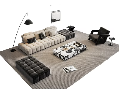 Modern Beige and Black Sofa Coffee Table Combination With Patterned Top Floor Lamp Armchair and Magazines in Living Room 3d model
