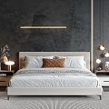 Modern Double Bed with Beige Headboard Brown Pillows and Nightstand Lamps in City View Bedroom