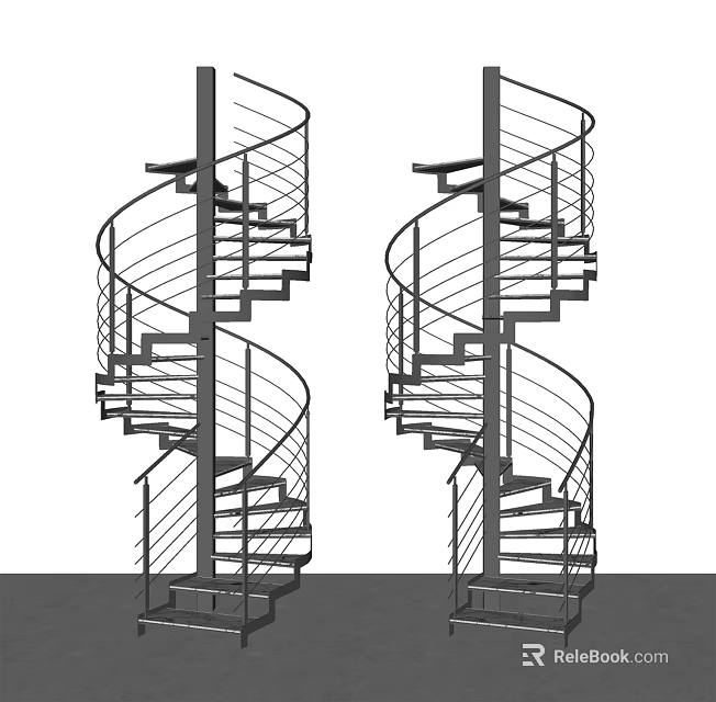 Two Modern Metal Spiral Staircases With Handrail And Architectural Design Elements 3d model