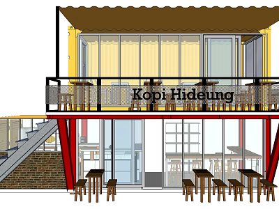 Kopi Hideung Cafe Exterior With Two Story Design Wooden Tables And Outdoor Seating 3d model