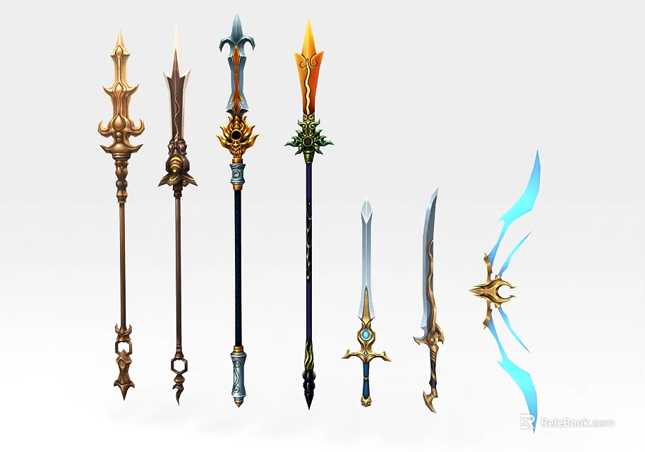 Various Fantasy Weapons Including Spears Swords Staffs With Intricate Details And Vibrant Colors 3d model 