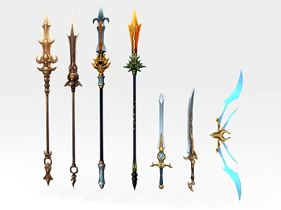 Various Fantasy Weapons Including Spears Swords Staffs With Intricate Details And Vibrant Colors 3d model
