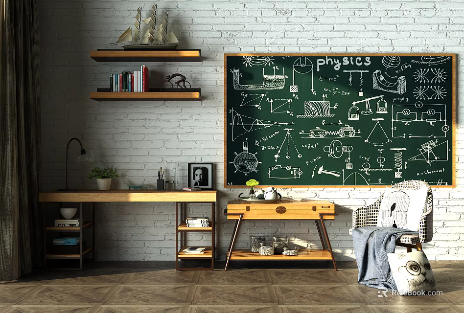 Study Desk With Physics Blackboard White Brick Wall Bookshelf Lamp And Potted Plant 3d model 
