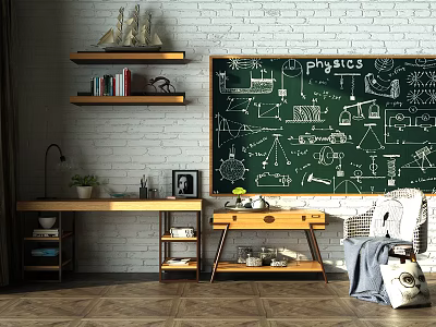 Study Desk With Physics Blackboard White Brick Wall Bookshelf Lamp And Potted Plant 3d model