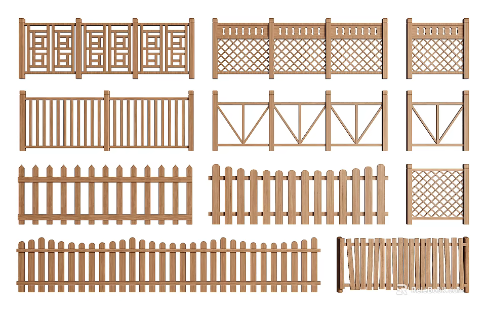 Various Wooden Fence Designs With Decorative Patterns And Styles 3d model