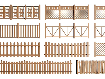 Various Wooden Fence Designs With Decorative Patterns And Styles 3d model