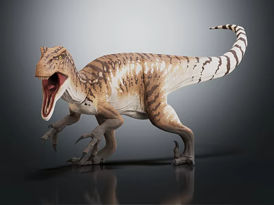 Realistic Dinosaur Model With Open Mouth Striped Skin Standing Pose 3d model